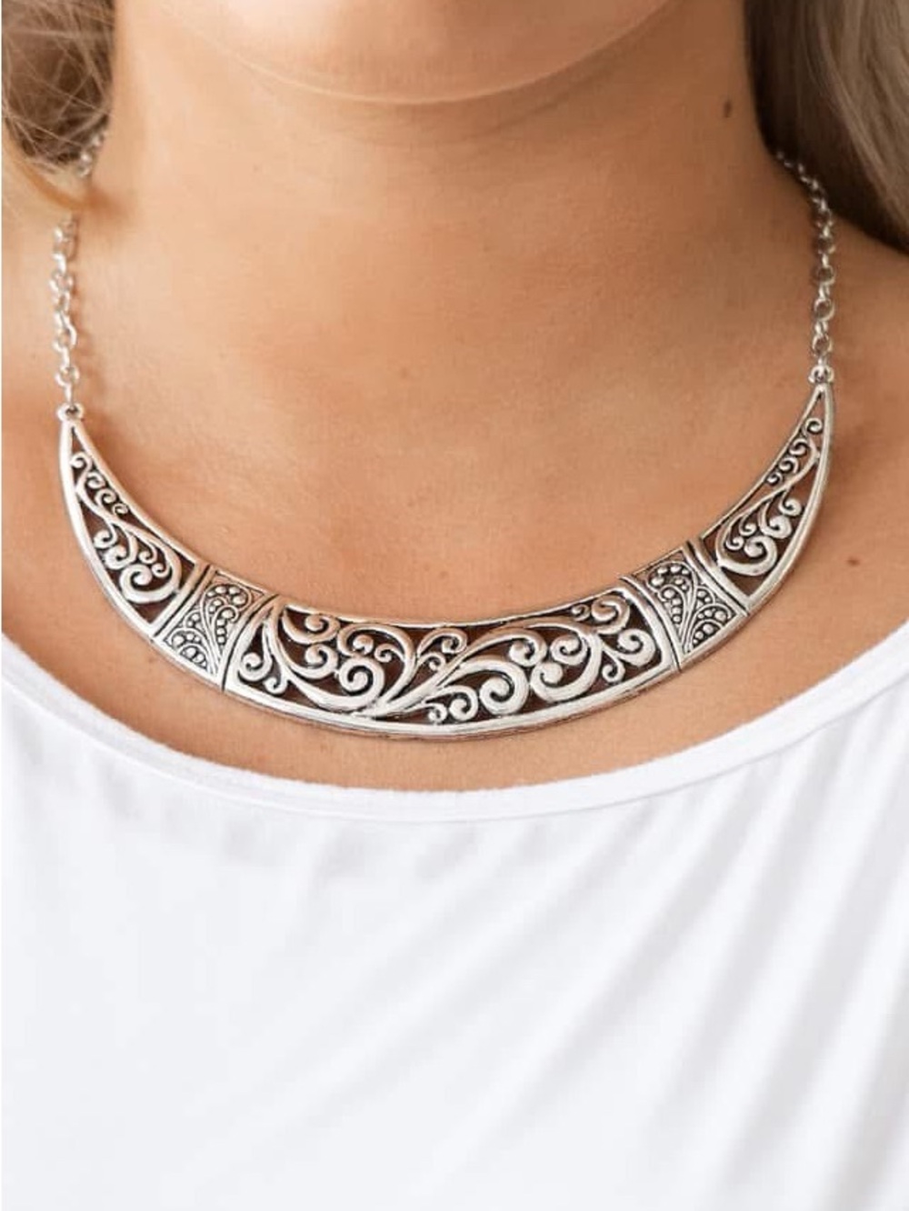 Silver filigree crescent necklace and earrings